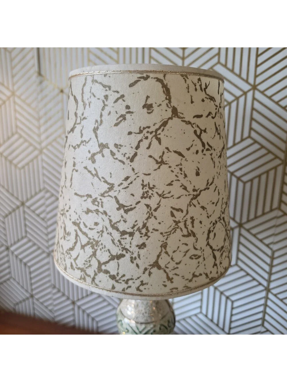 Vintage Midcentury White Green Gold Ceramic Accent Lamp Atomic Fiberglass Shade